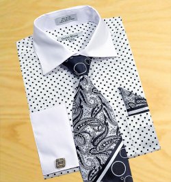 Daniel Ellissa White / Black Polka Dots With White Spread Collar / Tie / Hanky Set With Free Cufflinks Dress Shirt DS3758P2