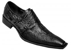 Zota Black Hornback Alligator Print / Leather Shoes With Double Monk Straps G370-33