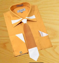 Fratello Honey Gold / Cream Pleated Spread Collar Dress Shirt/Tie/Hanky Set FRV4106P2