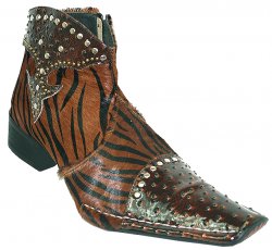 Zota Brown Tiger Hair And Ostrich Print Patent Leather Pointed Toe Boots With Pull-Up Zipper On The Side G4H316AA