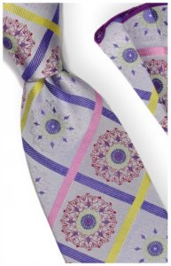 Steven Land "Big Knot" BWR741 Grey / Lavender / Pink / Yellow Windowpane 100% Silk Necktie / Hanky Set