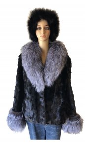 Winter Fur Ladies Black / Silver Genuine Mink Top With Fox Collar And Cuff W49S06BKS.