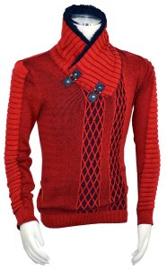 Barabas Red / Black Pull-Over Faux Fur Shawl Collar Modern Fit Sweater LS210