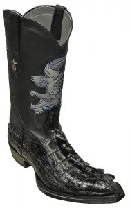 Upscale Menswear Custom Collection Black All Over Genuine Hornback Crocodile Tail Cowboy Boots with Embroidered Crocodile Shaft 198C0105