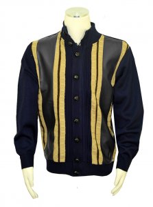 Bagazio Navy Blue / Tan / Dark Brown PU Leather Zip-Up Cardigan Sweater BM1854