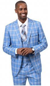 E. J. Samuel Blue Plaid Classic Fit Vested Suit M2722.