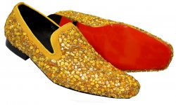 Fiesso Mustard Yellow / Metallic Gold Calfskin Suede / Gemstone Slip-On Shoes FI7317