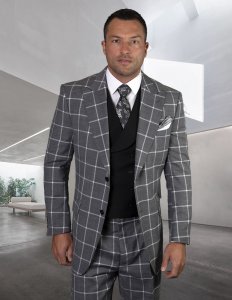 Statement "Ravena" Grey / White / Black Plaid Super 150's Wool Vested Classic Fit Suit.