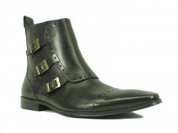 Carrucci Black Genuine Leather Boots With Three Monk Straps KB8018-16.