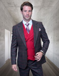 Statement "Oxford" Charcoal Grey / Red Super 180's Cashmere Wool Vested Modern Fit Suit