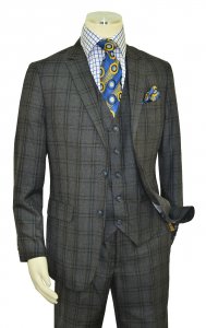 Bertolini Charcoal Grey / Royal Blue Plaid Super 140's Wool / Silk Modern Fit Vested Suit B79488-1