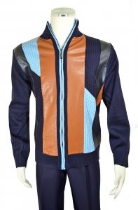 Bagazio Navy / Cognac / Sky Blue PU Leather Zip-Up Sweater BM2058