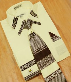 Daniel Ellissa Ivory / Brown Paisley Unique Design Shirt / Tie / Hanky Set With Free Cufflinks DS3751P2