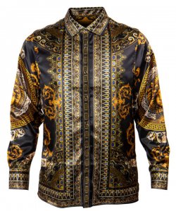 Prestige Black / Gold / White Satin Medusa / Greek Design Long Sleeve Shirt PR-301
