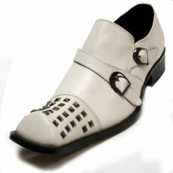 Fiesso White Genuine Leather Buckle Loafer Shoes With Metal Studs FI6604