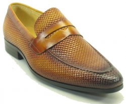 Carrucci Cognac Burnished Woven Calfskin Penny Loafer Shoes KS478-110E
