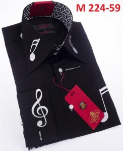Axxess Black / White Music Note Embroidered Cotton Modern Fit Dress Shirt With French Cuff M224-59.