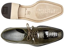 Top and Bottom of Belvedere "Batta" Olive All-Over Genuine Ostrich Lace-Up Shoes
