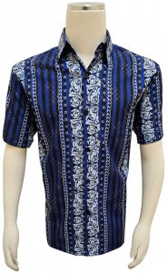 Pronti Royal Blue / Black / Metallic Gold Multi-Pattern Short Sleeve Shirt S6655