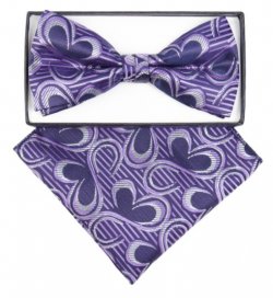 Classico Italiano Purple / Lavender / Silver Geometric Design Silk Bow Tie / Hanky Set BH2606