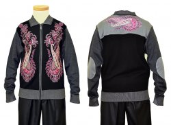 Prestige Black / Grey / Pink Embroidered Design Zip-Up Rayon Blend Knitted Sweater With Elbow Patch KTN-452