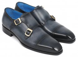 Paul Parkman ''045NVY62'' Navy Genuine Leather Double Monkstraps Captoe Shoes.