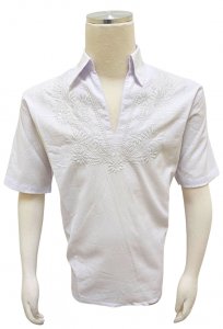 Bagazio White Crepe Embroidered Pull-Over Notch Neck Short Sleeve Shirt BM1906