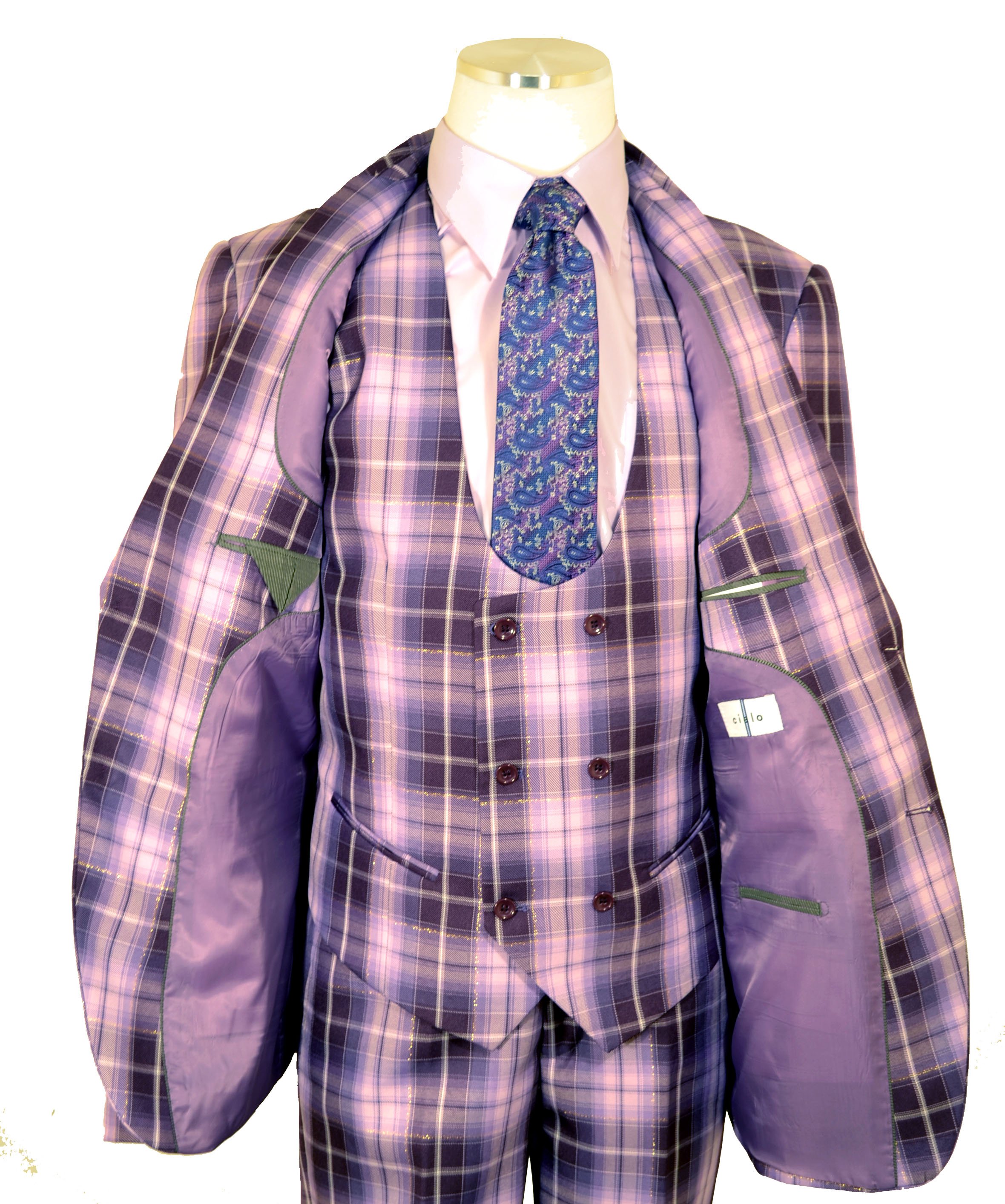 Cielo Purple and Lavender Lurex Plaid Slim Fit Vested Suit For Men