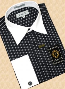 Fratello Black/White Pinstripes With White Collar & French Cuffs Shirt FRV4905