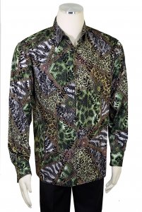 Pronti Green Combo / Black Velvet Trimmed Multi Pattern Long Sleeve Shirt S6443