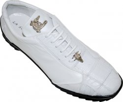 La Scarpa "Zeus" White Genuine Ostrich And Lambskin Leather Casual Sneakers With Silver Alligator On Front