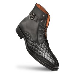 Mezlan Black Quilted Calfskin Leather Tractor Soled Lace-Up Boots S20129