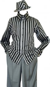 Manzini Black And Charcoal / Smoke / Silver Grey Stripes Long Sleeves Shirt With French Cuff and Matching Hat MZT-10