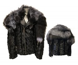 Winter Fur Black / Silver Genuine Diamond Mink Motorcycle Jacket with Removable Fox Collar M49S01BKS.