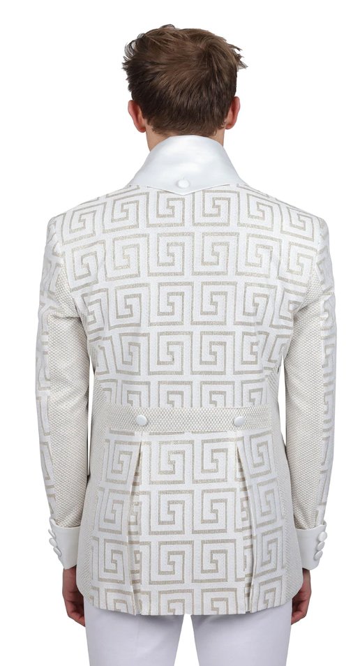 Barabas White / Metallic Gold Greek Design Cuffed Satin Slim Fit Blazer 