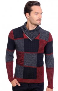 LCR Grey / Dark Red / Black Modern Fit Cotton Blend Pull-Over Shawl Collar Sweater 2150