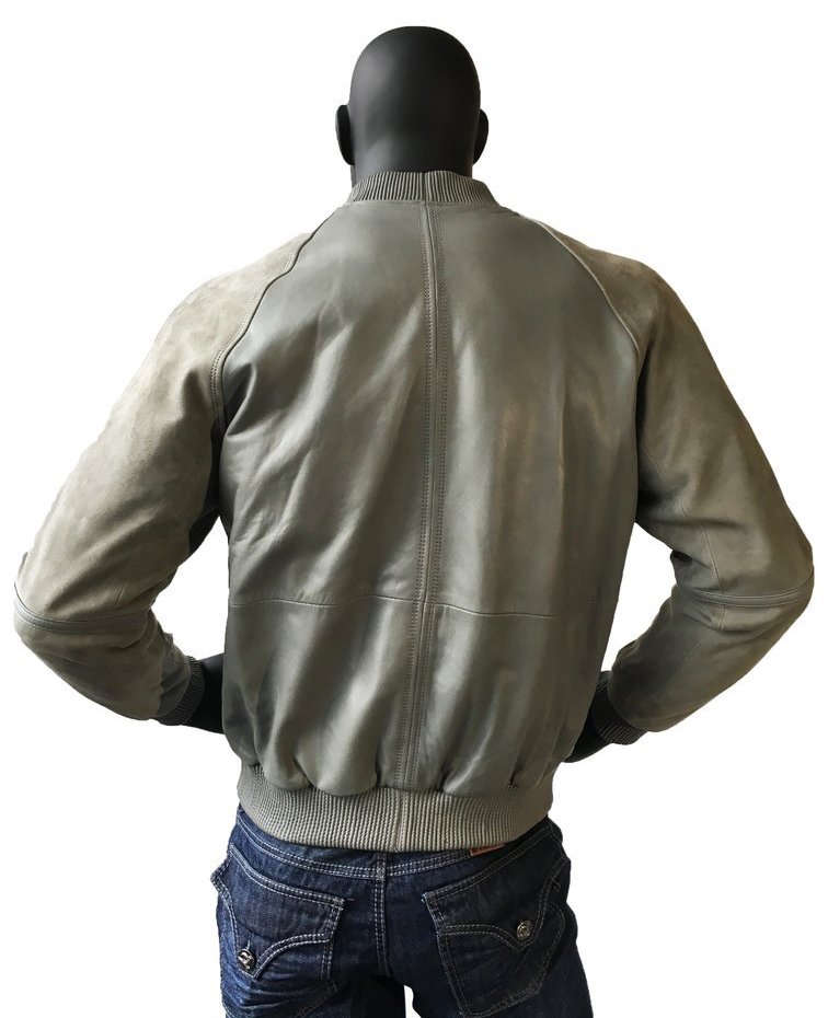backside of a grey bomber jacket