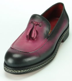 Fiesso Burgundy Genuine Leather Slip-On Tassel Shoes With Silver Sole Bracelet FI7123.