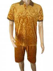 Stacy Adams Gold / Black Velour Greek Design Cotton Blend Short Set Outfit VPS-550