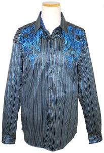 Pronti Black With Royal Blue/Grey Stripes & Embroiderey Cotton Blend Long Sleeves Shirt S5747