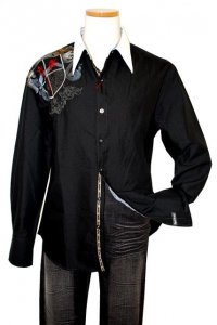 English Laundry Black With White Collar & Red/Grey Embroidered Emblem Design Long Sleeves Cotton Blend Shirt ELW924