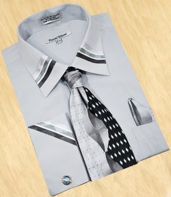 Daniel Ellissa Silver Grey With Charcoal Grey / Silver Grey /White Trimming Shirt / Tie / Hanky Set DS3745P2