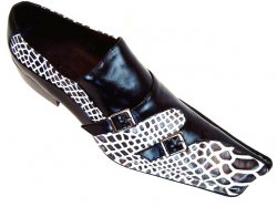 Zota Black/ White Anaconda Print Diagonal Toe Leather Shoes With Two Buckles On The Side 8428/3A