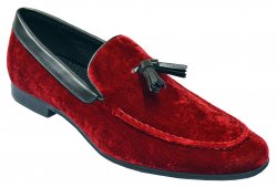 Giorgio Brutini "Neill" Red / Black Velvet Slip On Loafer Shoes With Tassels 176667