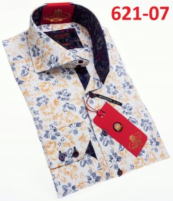 Axxess Tan / Blue / White Cotton Flower Design Modern Fit Dress Shirt With Button Cuff 621-07.