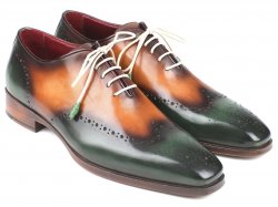 Paul Parkman ''097GV22" Green / Camel Genuine Leather Wingtip Shoes.