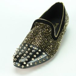 Fiesso Black Genuine Leather With Gold Spikes / Rhinestones Slip On F17081.