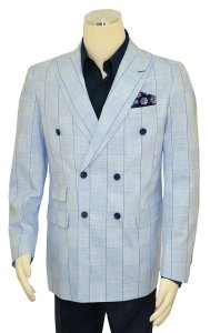 Cigar Couture Light Blue / Navy / Royal Blue Windowpane Double Breasted Cotton Blazer LJ-820
