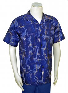 Pronti Navy Blue / Eggshell / Metallic Gold Abstract Design Short Sleeve Shirt S6303