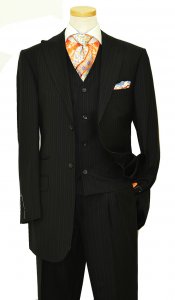 Luciano Carreli Black / Grey Pinstripes Super 150's Wool Vested Wide Leg Suit 6291-1295